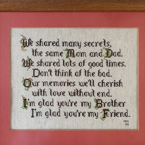 Brother Friendship Treasure Vintage Floral Cross stitch Needle point Framed Art - Picture 4 of 7